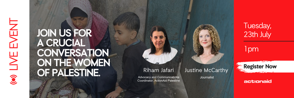 🔴 Will you join us?

Don't miss “Women of #Palestine”, a conversation with journalist Justine McCarthy and <a href="/AAPalestine/">ActionAidPalestine</a>  Advocacy and Communications Coordinator, <a href="/RihamJafari/">Riham Jafari</a>. 

🔗 Register here: us06web.zoom.us/meeting/regist…