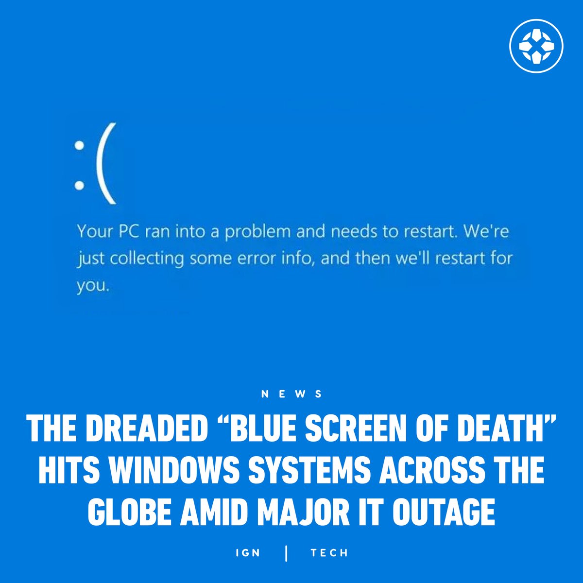 IGN's tweet image. Companies all over the world suffered IT outages affecting Windows operating systems. Flights have been grounded, banking has halted, and TV studios were even forced to pause broadcasting. bit.ly/3Lvq8Qv