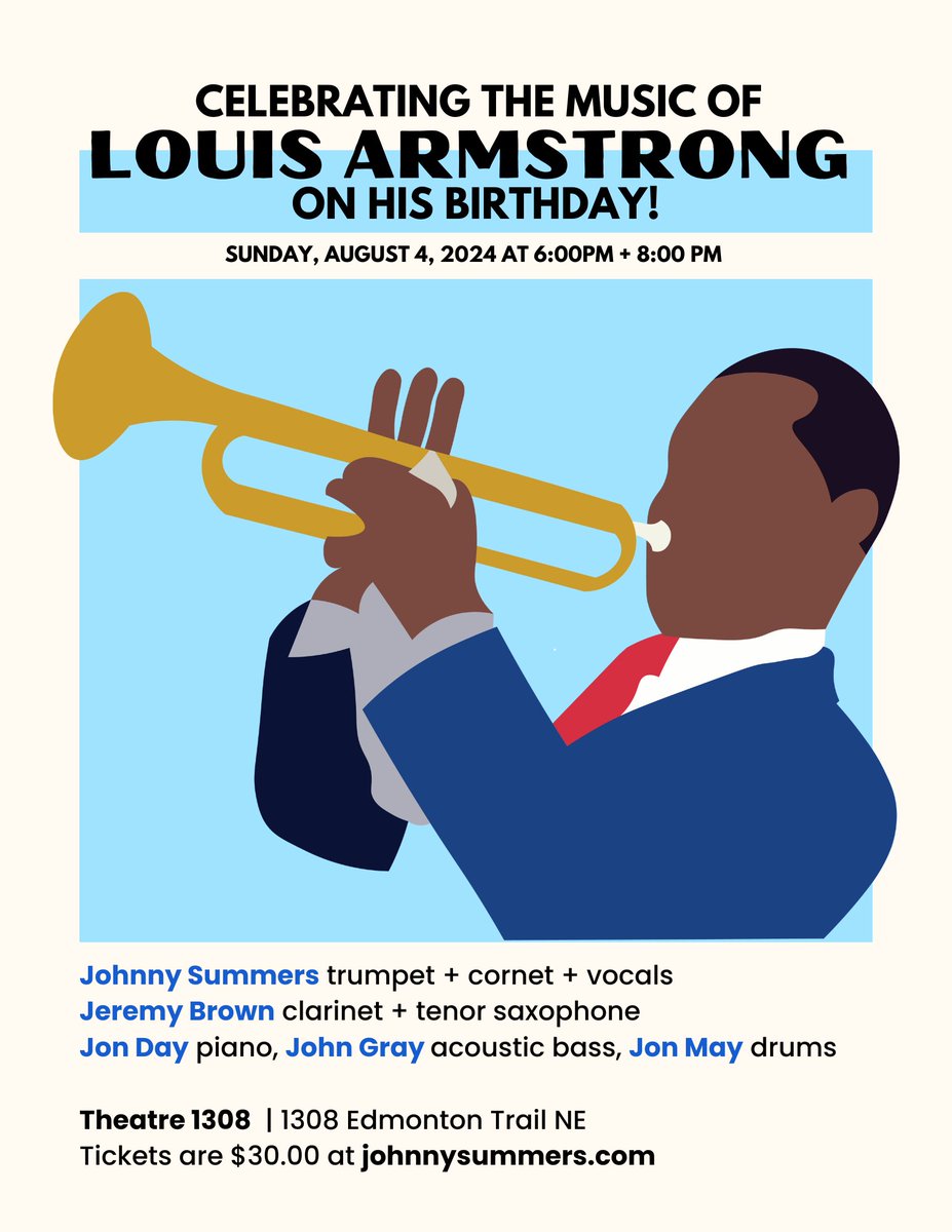 #YYC I'm looking forward to this show, a night celebrating the #Music of #LouisArmstrong on his birthday. Intimate venue, limited seating, two shows. A great experience <a href="/Jazz_YYC/">JazzYYC</a> <a href="/forloveofjazz/">Calgaryjazz</a> <a href="/Theatre1308/">Theatre 1308</a> 
showpass.com/celebrating-th…