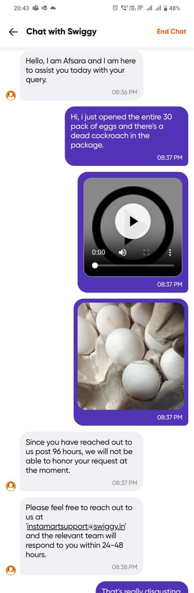 MahiMomoX's tweet photo. @SwiggyInstamart dead cockroach inside a 30 pack of eggs. Disgusting.  And your chat team wasn't helpful. Sent the email already. Awaiting reply. https://t.co/kTAJDagThL