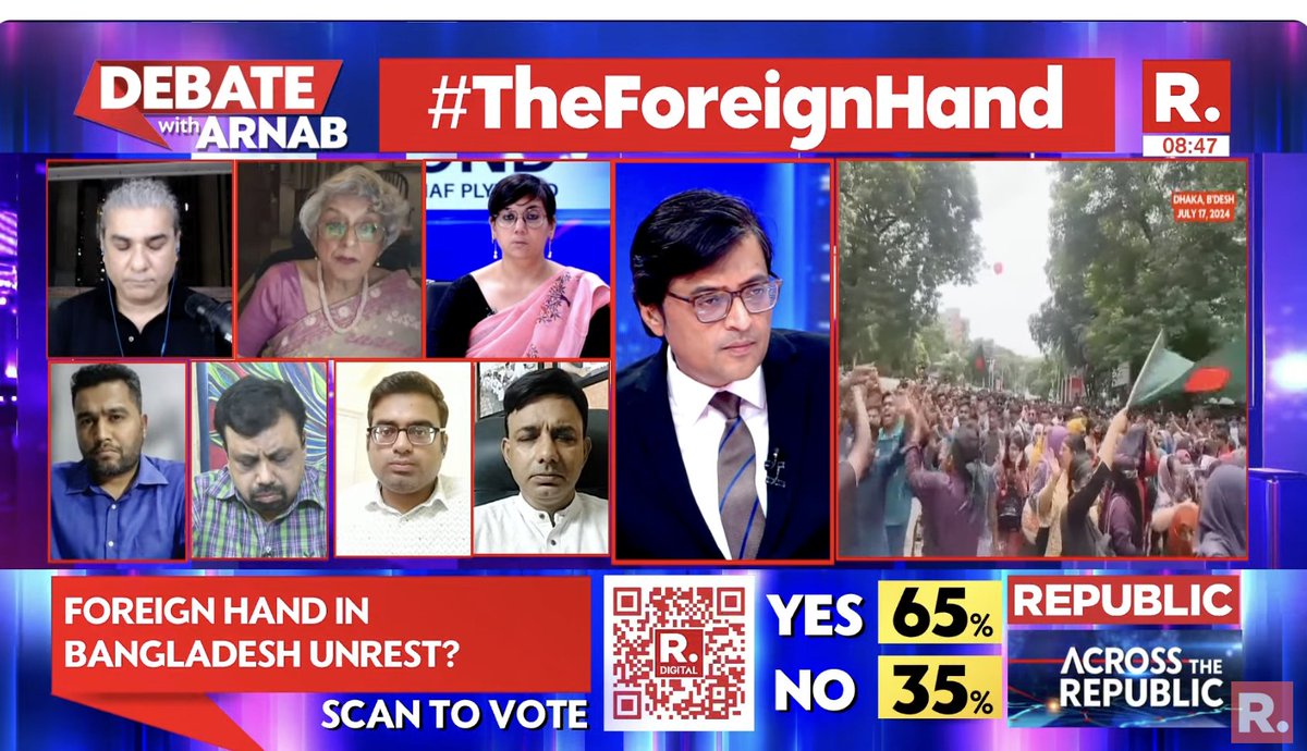 republic's tweet photo. #TheForeignHand | "...stirring up problems in India's neighbourhood works very well with China": Dr. Sriparna Pathak (@Sriparnapathak), Associate Professor, China Studies, School of International Affairs, OP Jindal Global University
Watch The Debate on #SuperprimetimeMax with Arnab and fire in your views - https://t.co/LlVQltLjf8
#StudentProtest #QuotaMovement #Bangladesh #SheikhHasina #QuotaReform #QuotaProtest #Dhaka #Arnab #ArnabGoswami