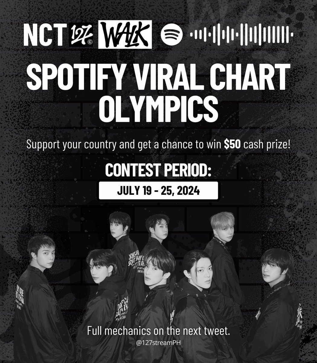 127streamPH's tweet photo. ✮🎧 NCT 127 ‘WALK’ SPOTIFY VIRAL CHART OLYMPICS 🎧 ✮

Which country will be crowned as the home of the Ultimate 127zen WALKers? 

Support your country and get a chance to win cash prizes! 

Let us help URICHIL debut on Spotify Viral Charts. May the best WALKer win!🤝

🗓️ July 19-25, 2024

#NCT127 #WALKtheSpotifyBeat