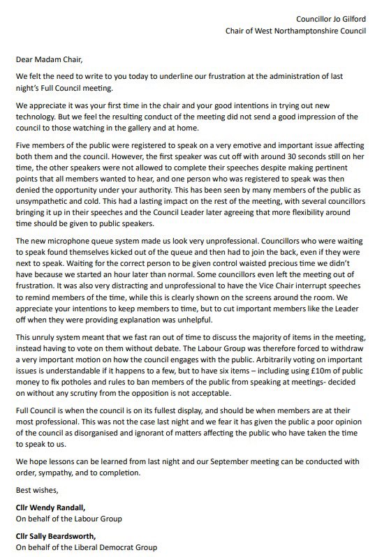 Our joint letter with <a href="/WNLibDems/">West Northants Lib Dems</a> to the Chair of <a href="/WestNorthants/">West Northamptonshire Council</a> on the shocking state of last night’s Council meeting. Lessons must be learned and our public must be heard.