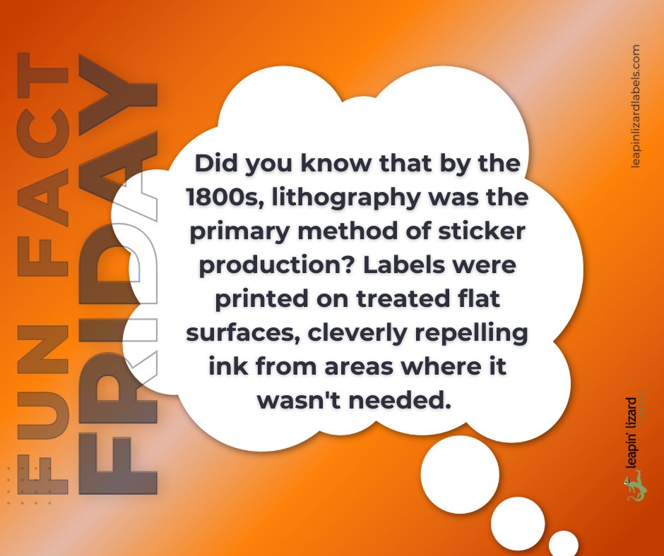 LeapnLizrdLabel's tweet image. 🎉 Fun Fact Friday! 🎉 By the 1800s, lithography was the primary method of sticker production. Labels were printed on treated flat surfaces, cleverly repelling ink from areas where it wasn't needed. Talk about old-school ingenuity! 🖨️

#FunFactFriday #StickerHistory