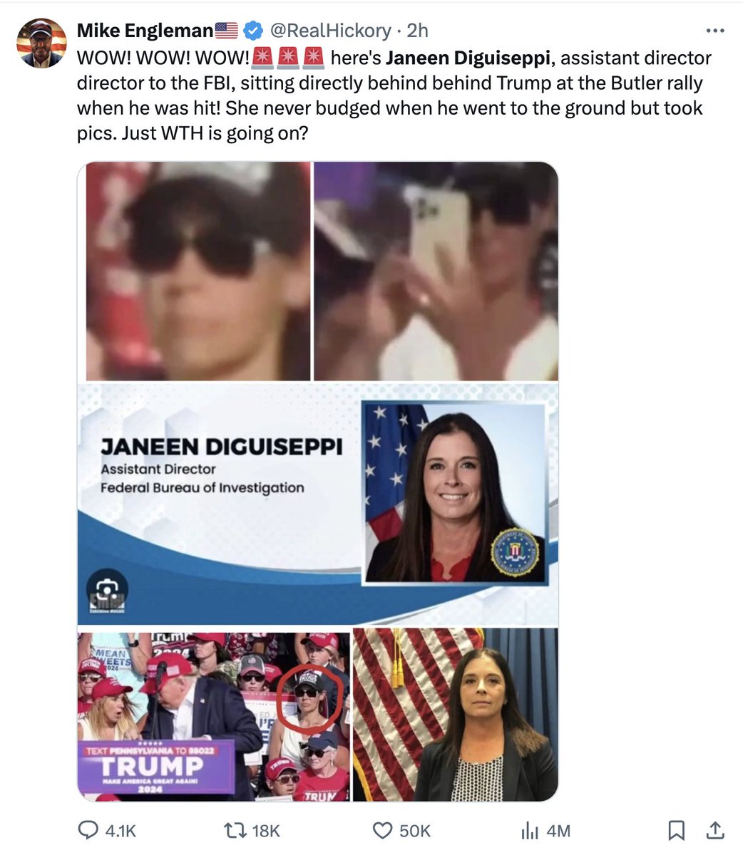 Shayan86's tweet photo. A new conspiracy theory, currently racking up millions of views, baselessly claims that a female supporter seen behind Trump when he got shot is assistant director of the FBI's insider threat office Janeen DiGuiseppi, who was helping the shooter.

Those are two different women. https://t.co/jBoaJIyhPl