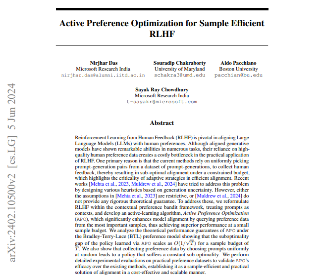 Nirjhar Das (@stochastic_nir) on Twitter photo 📢 Excited to share our work "Active Preference Optimization for Sample Efficient RLHF" accepted at #ICML2024 Theoretical Foundations of Foundation Models (<a href="/tf2m_workshop/">Theoretical Foundations of Foundation Models</a>) Workshop! Joint work with <a href="/Sayakrayc/">Sayak Ray Chowdhury</a> <a href="/SOURADIPCHAKR18/">Souradip Chakraborty</a> <a href="/aldopacchiano/">Aldo Pacchiano</a>
arxiv.org/pdf/2402.10500
🧵(1/6) 📢 Excited to share our work "Active Preference Optimization for Sample Efficient RLHF" accepted at #ICML2024 Theoretical Foundations of Foundation Models (<a href="/tf2m_workshop/">Theoretical Foundations of Foundation Models</a>) Workshop! Joint work with <a href="/Sayakrayc/">Sayak Ray Chowdhury</a> <a href="/SOURADIPCHAKR18/">Souradip Chakraborty</a> <a href="/aldopacchiano/">Aldo Pacchiano</a>
arxiv.org/pdf/2402.10500
🧵(1/6)