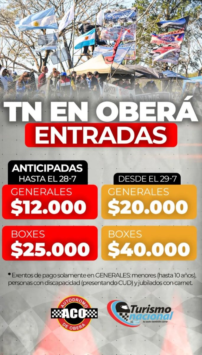 FCCreativeOK's tweet photo. 🔥 ¡Este 2️⃣/3️⃣/4️⃣ de Agosto, @prensatn vuelve al Autódromo de Oberá! 🔥

🎟️ Costos de Entradas y Estacionamiento
📍Puntos de Ventas en toda la provincia
📆 2, 3 y 4 de agosto.

#TNenOberá🧉 #TurismoNacional #ChapaChapa #Misiones https://t.co/TvISlWhqw6