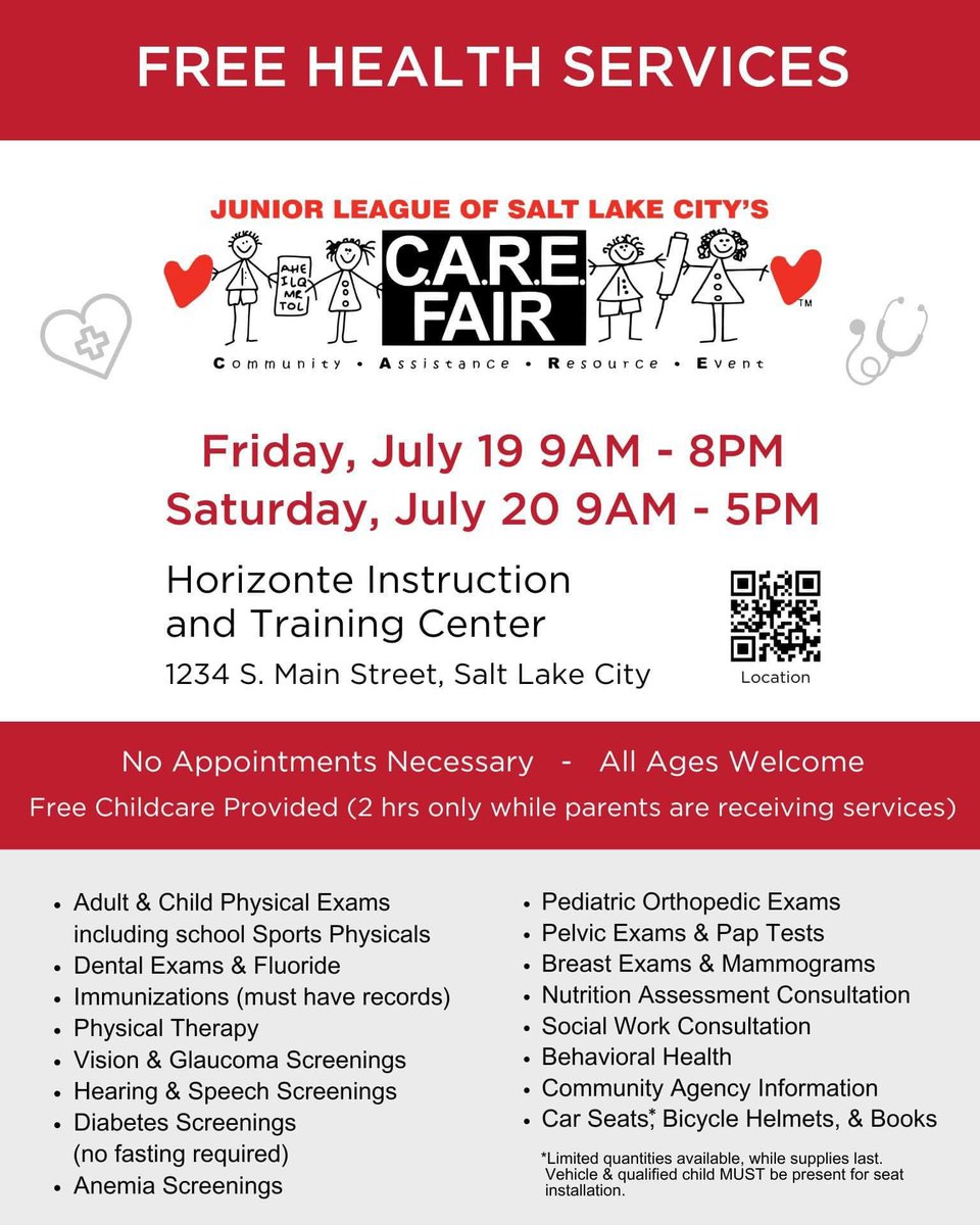 *FREE healthcare* today and tomorrow at Horizonte Instruction &amp; Training Center. 

This is Utah's largest free health care fair and has been serving the SLC community for decades. Thanks <a href="/JLSLC/">Junior League SLC</a> !