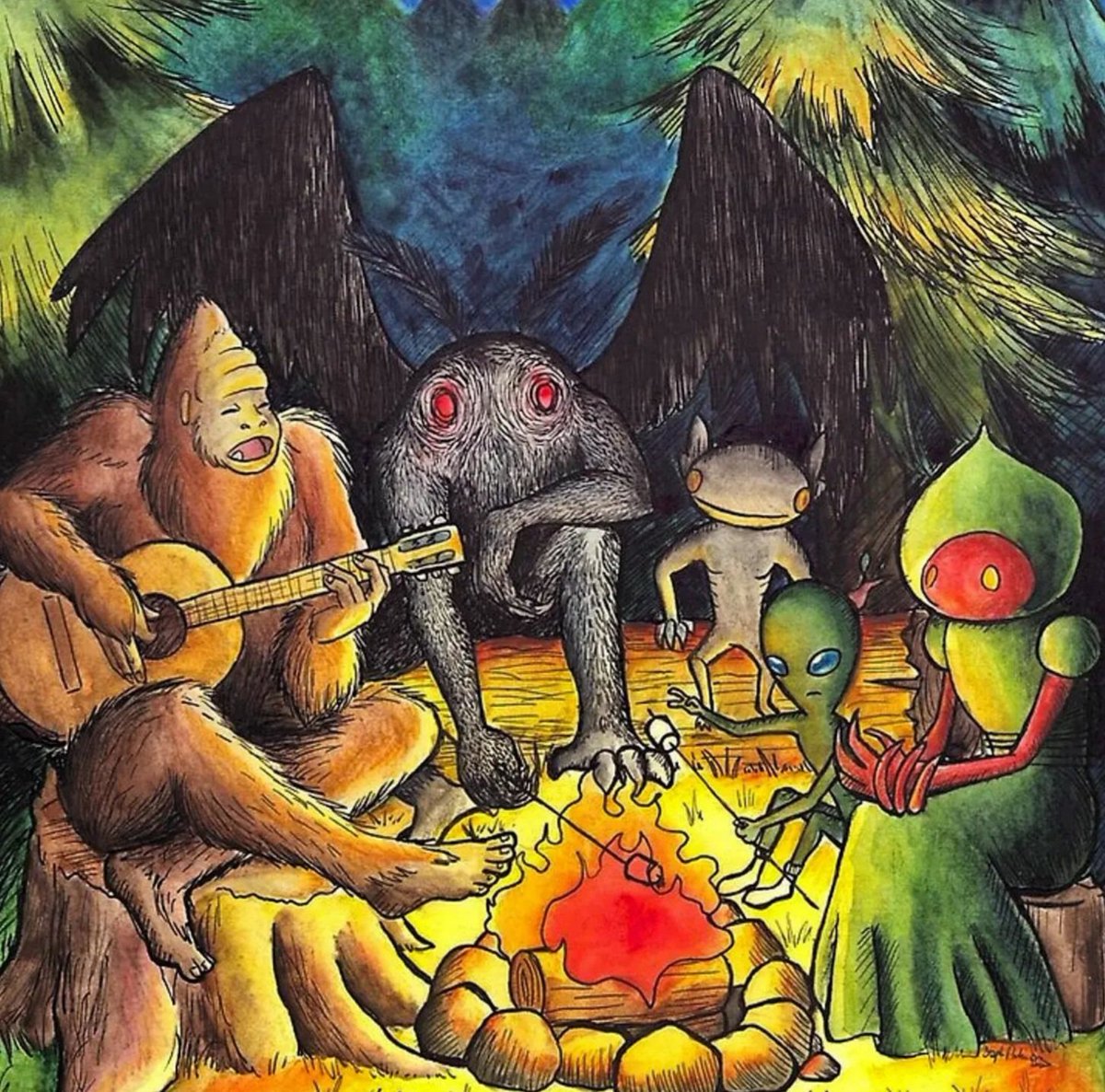 TeaandCryptids's tweet photo. ๐ Bigfoot singing the song of his people, but what is he singing??? Wishing everyone a great Friday and a relaxing weekend โข Art- "Cryptid Camping Trip" by JurassicParkins of Redbubble #bigfoot #mothman #flatwoodsmonster #doverdemon #ufo #cryptid #cryptozoology #cryptids https://t.co/40veVeXDDG