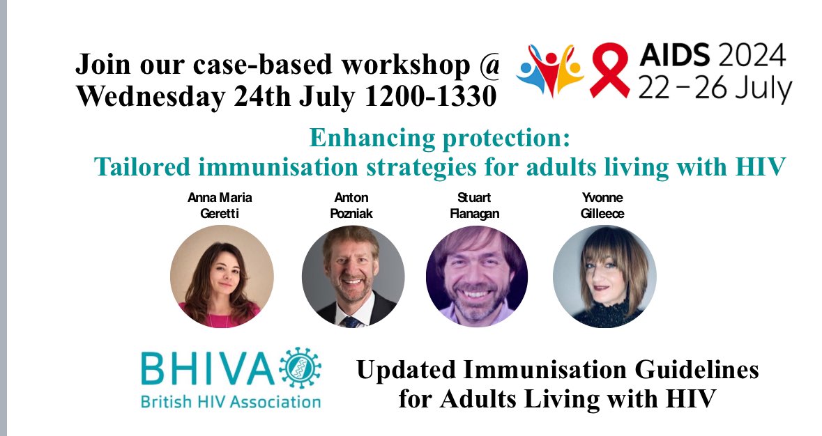 BHIVA at #AIDS2024 in Munich! <a href="/iasociety/">IAS - the International AIDS Society</a> 

Join our workshop
🗓️Wednesday, July 24th from 12:00-13:30

"Enhancing protection: Updated immunisation guidelines for adults living with HIV." 

Be part of the conversation! 🌍

@GerettiAnna <a href="/AntonPozniak/">AntonPozniak</a> <a href="/Dr_Stuart/">Dr Stuart Flanagan</a> <a href="/ProfYGilleece/">Prof Yvonne Gilleece</a>