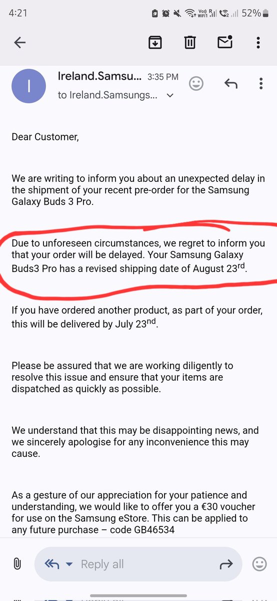 BMathews020's tweet photo. This was not expected from @SamsungIreland_ ..

I have pre ordered the product on the 10th of july , on the same day when it's launched.
And it shows delivery by 19th july..
Now they asked to wait more than a month? Why? 

Poor customer experience from @SamsungIreland_ https://t.co/xXeWgdTSr9