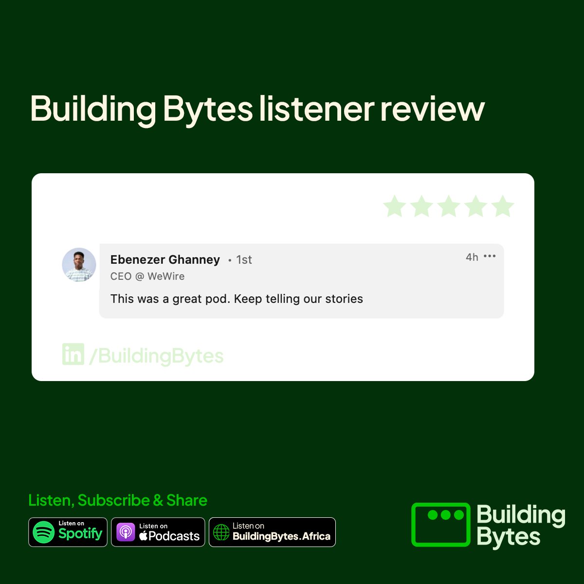 BuildingBytes's tweet photo. Here's what some of our cherished listeners had to say about the Building Bytes Podcast! ๐๏ธ
If you haven't streamed an episode yet, check us out at https://t.co/Zvby6r9pd1 or on Spotify. #BuildingBytesPodcast https://t.co/cbYbzfi5mT
