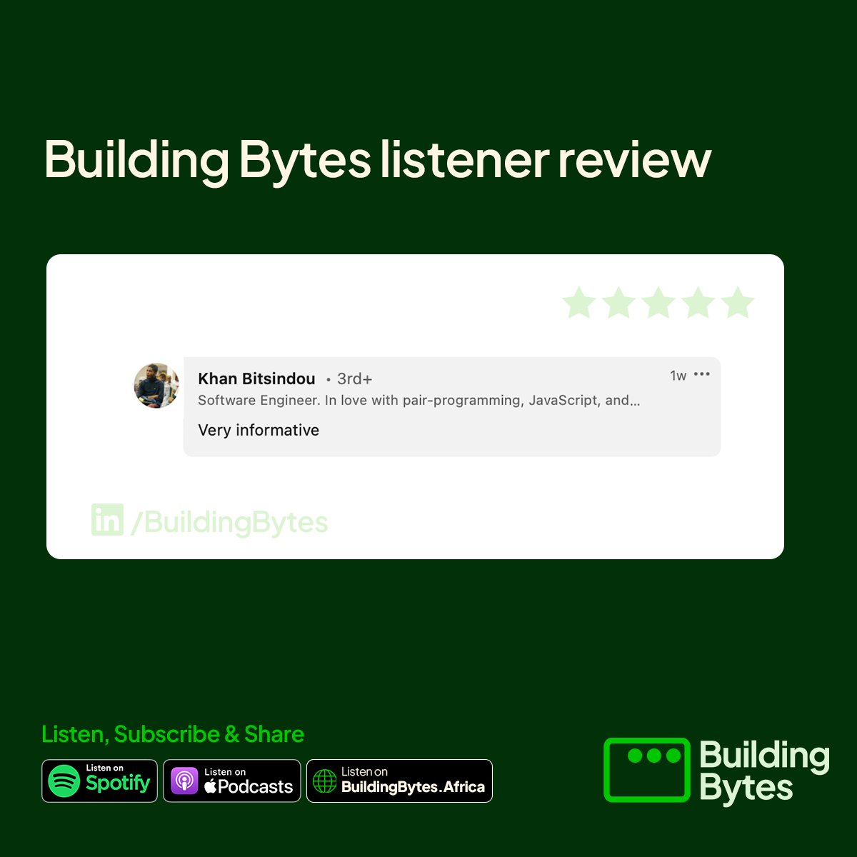 BuildingBytes's tweet photo. Here's what some of our cherished listeners had to say about the Building Bytes Podcast! ๐๏ธ
If you haven't streamed an episode yet, check us out at https://t.co/Zvby6r9pd1 or on Spotify. #BuildingBytesPodcast https://t.co/cbYbzfi5mT