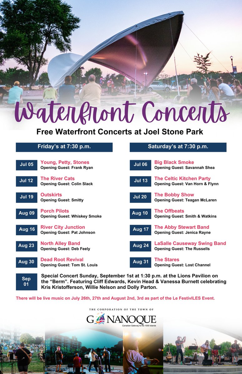 Waterfront Concerts | Joel Stone Park 

July 19 - Outskirts - Opening Guest: Smitty
July 20 - The Bobby Show - Opening Guest: Teagan McLaren

Concerts start at 7:30 p.m. 

The Gananoque and Area Food Bank will also be collecting non-perishable food items during the concerts.