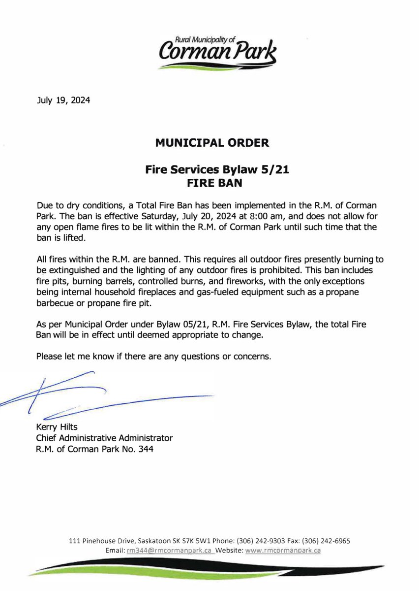 RM of Corman Park Fire Ban as of 8am Saturday July 20.  This does not apply within Warman City Limits for fire pits that follow the legal requirements of our Bylaw and fire pits in our City Campgrounds. Stay safe!