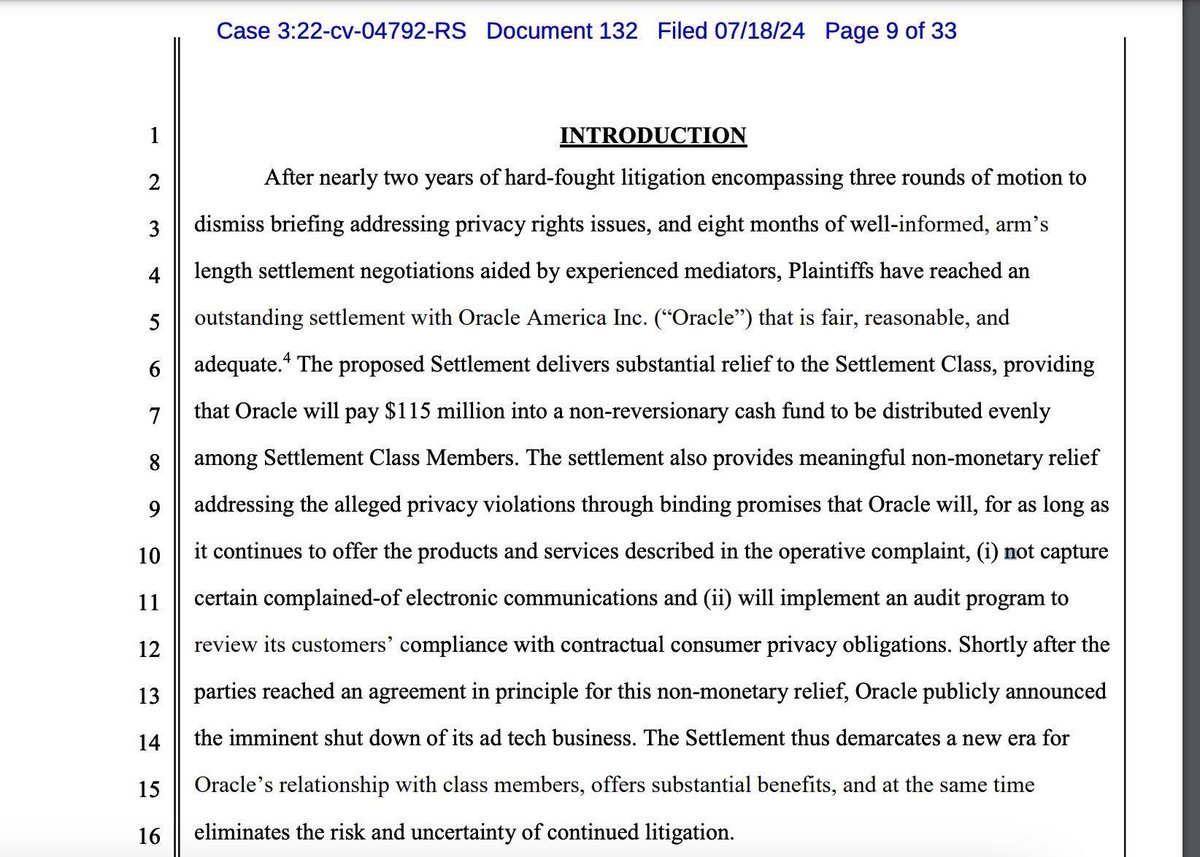 johnnyryan's tweet photo. Settlement news today: Oracle to stop data harvesting and pay $115 million. 
Congratulations to @mlacabe @jengolbeck and @LieffCabraser. https://t.co/ympRnobyE5
