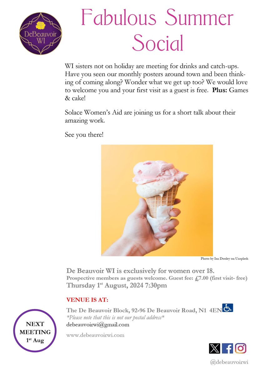DeBeauSisters's tweet photo. Our Summer Social on 1st August. You’re particularly welcome if it’s your first time, as your entry is free and there’s plenty of time to chat. See you there, 19.30 @DeBeauvoirBlock https://t.co/VhebTRkbz7