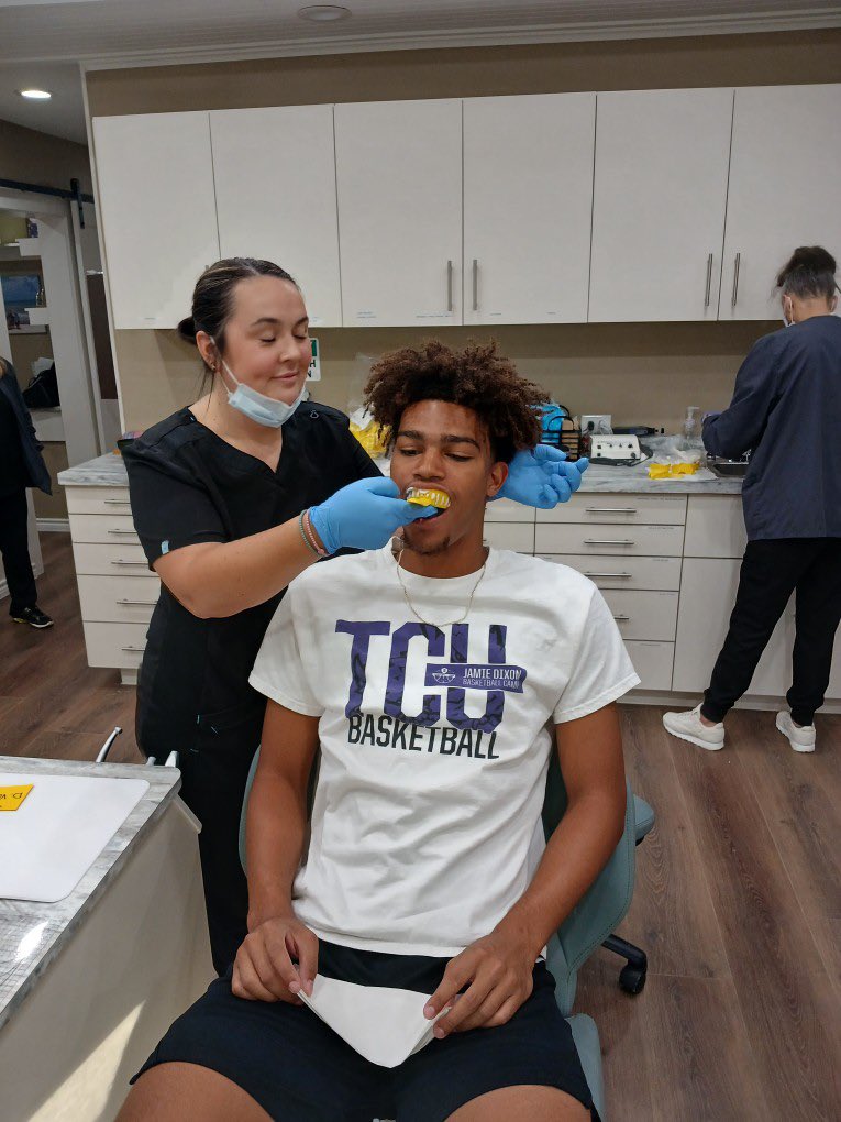 CoachWilsonLOJO's tweet photo. Big day in Denison because football is getting close. Perks of being in a 1 HS town-custom mouth piece day. Thank you @texomaorthodont for your support of Denison Football. @DenisonFB #WinDenisonWin https://t.co/QAXUKFZQJH