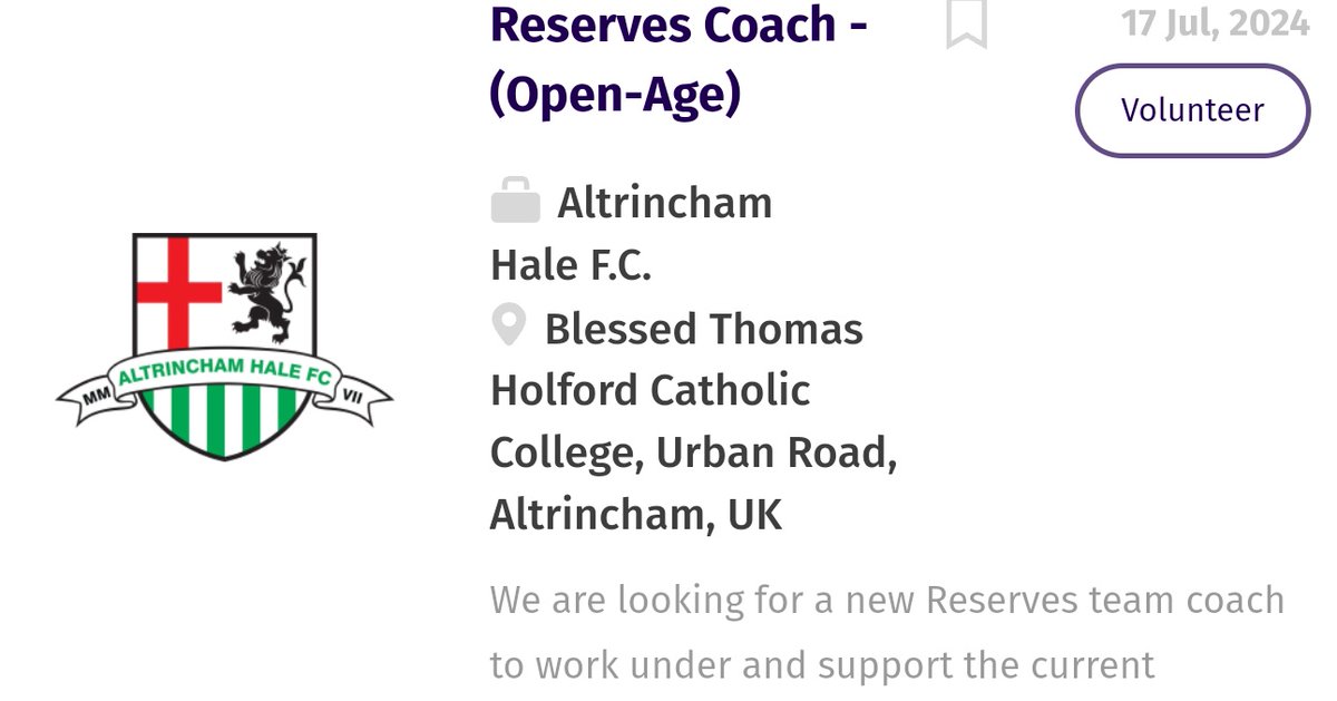 _Tom_Higgins_'s tweet photo. Altrincham Hale F.C. are looking for a volunteer football coach for its Reserves Team in the Manchester Football League.

Suitable for:

-  anyone with some coaching experience 
- former amateur footballers or sports coaching students 

https://t.co/e7gRhukSGP

@FreeAgentsFC https://t.co/Oia178Q6rd