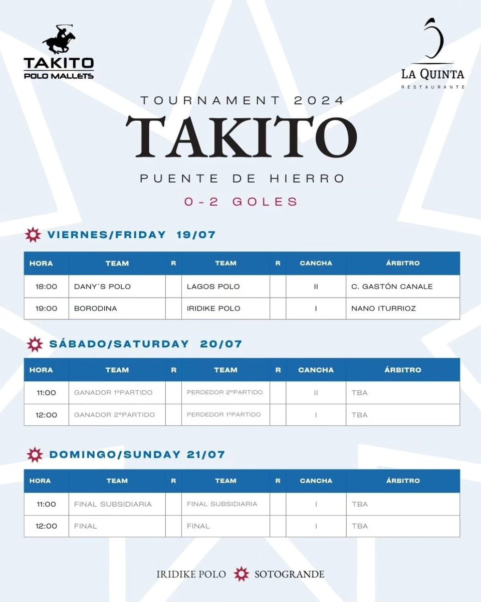 Santa María PoloClub (@santamariapoloc) on Twitter photo El torneo TAKITO se disputará en las instalaciones de Puente de Hierro los días 19 de julio a partir de las 18:00h, 20 y 21 de julio a partir de las 11:00h.
<a href="/iridikepolo/">Iridike Polo</a> <a href="/laquintasoto/">La Quinta Restaurante Asador Argentino Sotogrande</a>
<a href="/PoloSotogrande/">Takito Polo Mallets</a>
#Sotogrande #Iridikepolo #restaurantelaquinta #SantaMaríaPoloClub #Polo El torneo TAKITO se disputará en las instalaciones de Puente de Hierro los días 19 de julio a partir de las 18:00h, 20 y 21 de julio a partir de las 11:00h.
<a href="/iridikepolo/">Iridike Polo</a> <a href="/laquintasoto/">La Quinta Restaurante Asador Argentino Sotogrande</a>
<a href="/PoloSotogrande/">Takito Polo Mallets</a>
#Sotogrande #Iridikepolo #restaurantelaquinta #SantaMaríaPoloClub #Polo