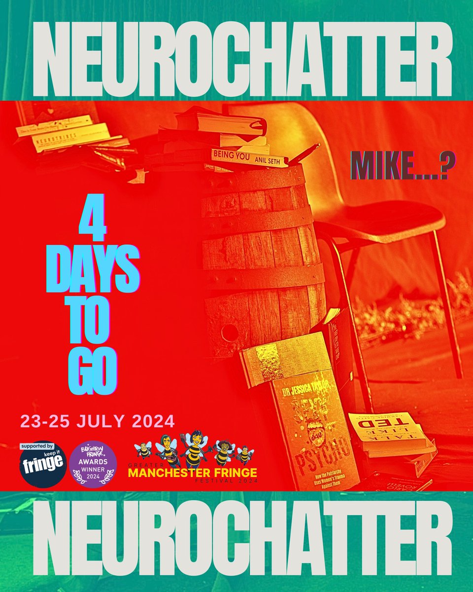 "Mike... ... are you even there?"

4 days until Manchester Fringe Grab your tickets to an Ed Fringe preview

The Fitzgerald, NQ, Manchester
23rd &amp; 25th July at 8pm

The Kings Arms Theatre, Salford
24th July at 9pm

greatermanchesterfringe.co.uk/events/neuroch… 

#manchesterfringe #gmfringe #edfringe