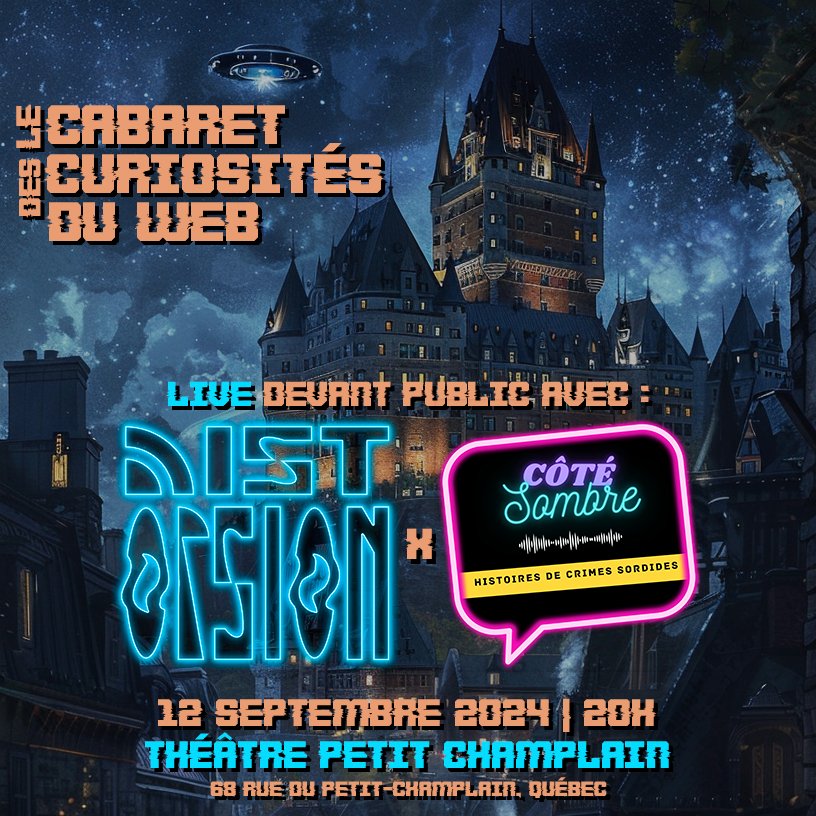Chers distordu.e.s, on débarque à la vieille Capitale avec notre Cabaret des curiosités du Web et Côté Sombre, au Théâtre Petit Champlain! RDV le 12 septembre à 20h. Ne manquez pas ce programme double historique! 
Chaque Cabaret est unique.  
Billets ici: reseau.ovation.ca/Reservation/Bi…