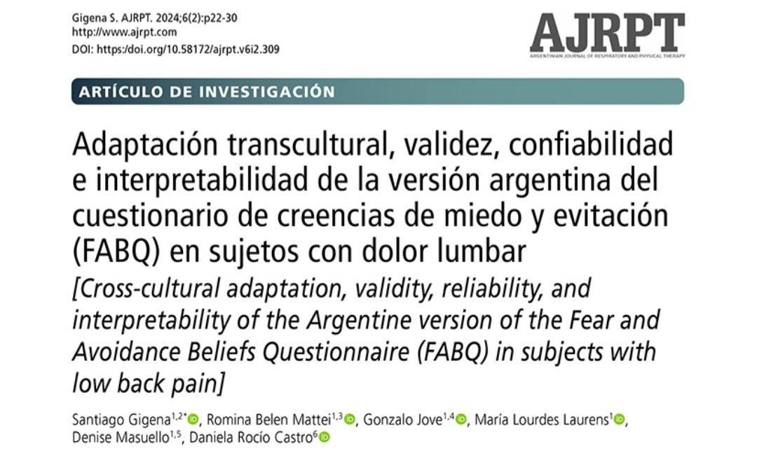 Nuevo artículo en AJRPT: Validación argentina del cuestionario FABQ para dolor lumbar. 🇦🇷
Mejora tu evaluación clínica👉 doi.org/10.58172/ajrpt…
#DolorLumbar #Kinesiología #AJRPT