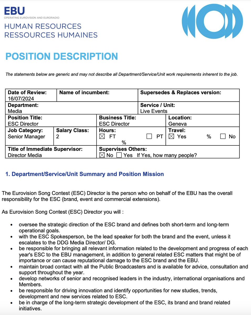 ESCdiscord's tweet photo. 💼 The EBU has posted a job ad for the newly created role of ESC Director, further specifying its tasks and responsibilities

Notably, it can be concluded that Martin Österdahl's "ESC Executive Supervisor" role has been renamed "ESC Show Supervisor"

More: https://t.co/rTfxoedYF6 https://t.co/ZYUcQzfQ0i