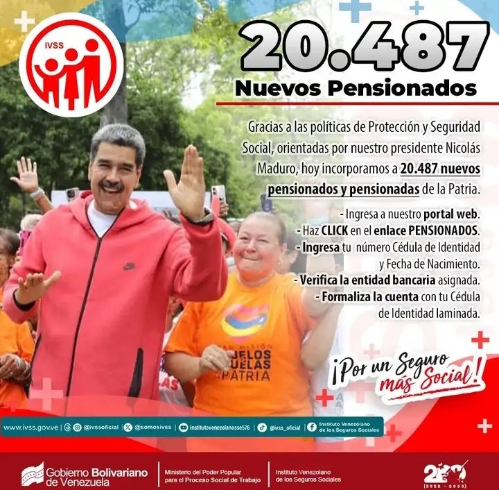 BonosSocial's tweet photo. 🚨 #ATENCIÓN: Gracias a las políticas de Protección y Seguridad Social, orientadas por nuestro Pdte. @NicolasMaduro, hoy incorporamos a 20.487 nuevos pensionados y pensionadas de la Patria.

✅ Ingrese al portal https://t.co/fO8BvEX4YY

@BonosSocial
#PuebloVictorioso https://t.co/UprzOWca6P