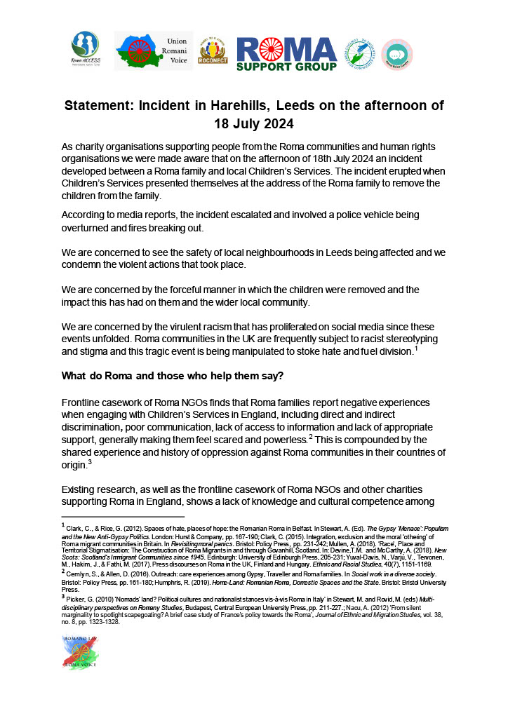 RomaSupport's tweet image. Statement from Roma charities, human rights organisations and groups supporting Roma on the incidents in #Leeds