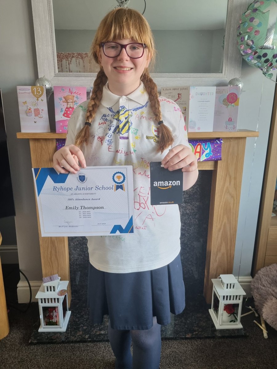 VickieKiss's tweet photo. @RyhopeJuniors thank you so much for Emily's 100% attendance award for her whole time at Ryhope Juniors. She worked so hard even at home school during lockdown and I am so proud of her. She is over the moon with her voucher. https://t.co/VYHhRMVlmY