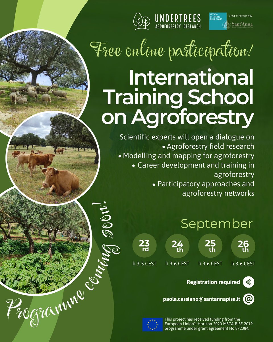 🌳 Join us for the Training School on #Agroforestry 📚
 
A valuable opportunity for dialogue and exchange with international experts in the field! 🌱

📅 From 23 to 26 September
💻 Online
💰 Free

Register now to participate 👉 forms.gle/pxciW8ACN1WnEz…