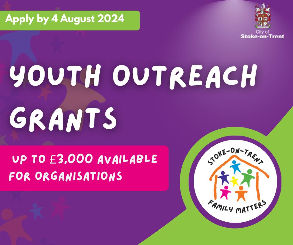 🗣️Calling all Stoke-on-Trent youth work organisations...

❓Do you want to bid for a grant of up to £3,000?

❗️Through our Family Matters Partership we're accepting grant applications from organisations working with those aged 11-18

⏳Deadline 4 Aug

➡️ stoke.gov.uk/youthoutreach