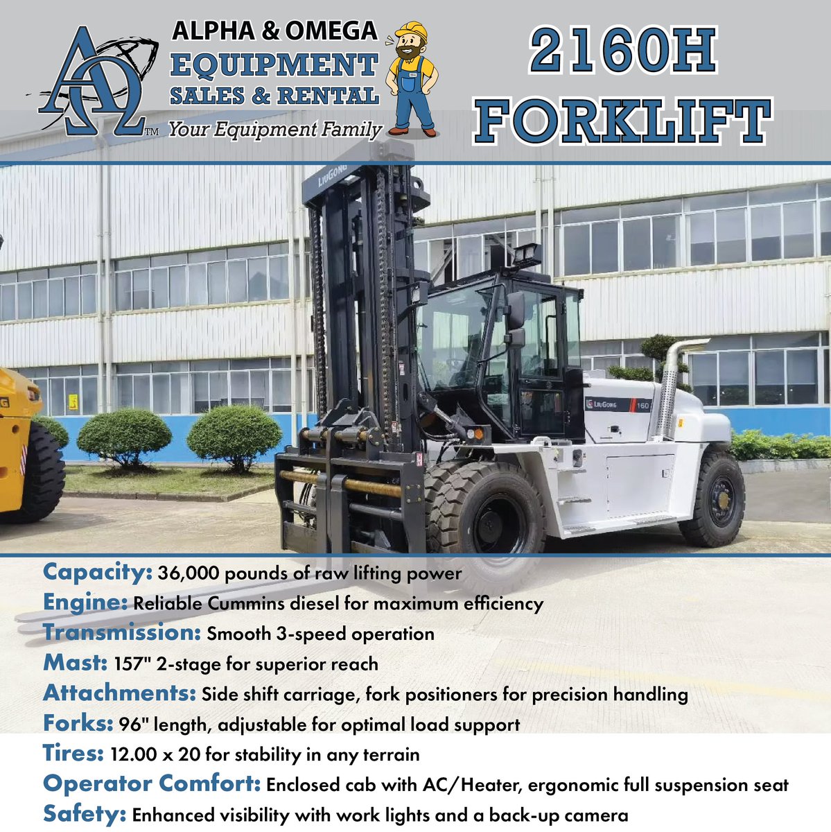 Announcing Liugong's brand-new 2160H Heavy-Duty Forklift!

This powerful machine is perfect for large warehouses and anywhere you need compact power. Check out the specs on it below, and fill out our credit application today to get pre-approved!

alphaomegaequipment.com/--financing