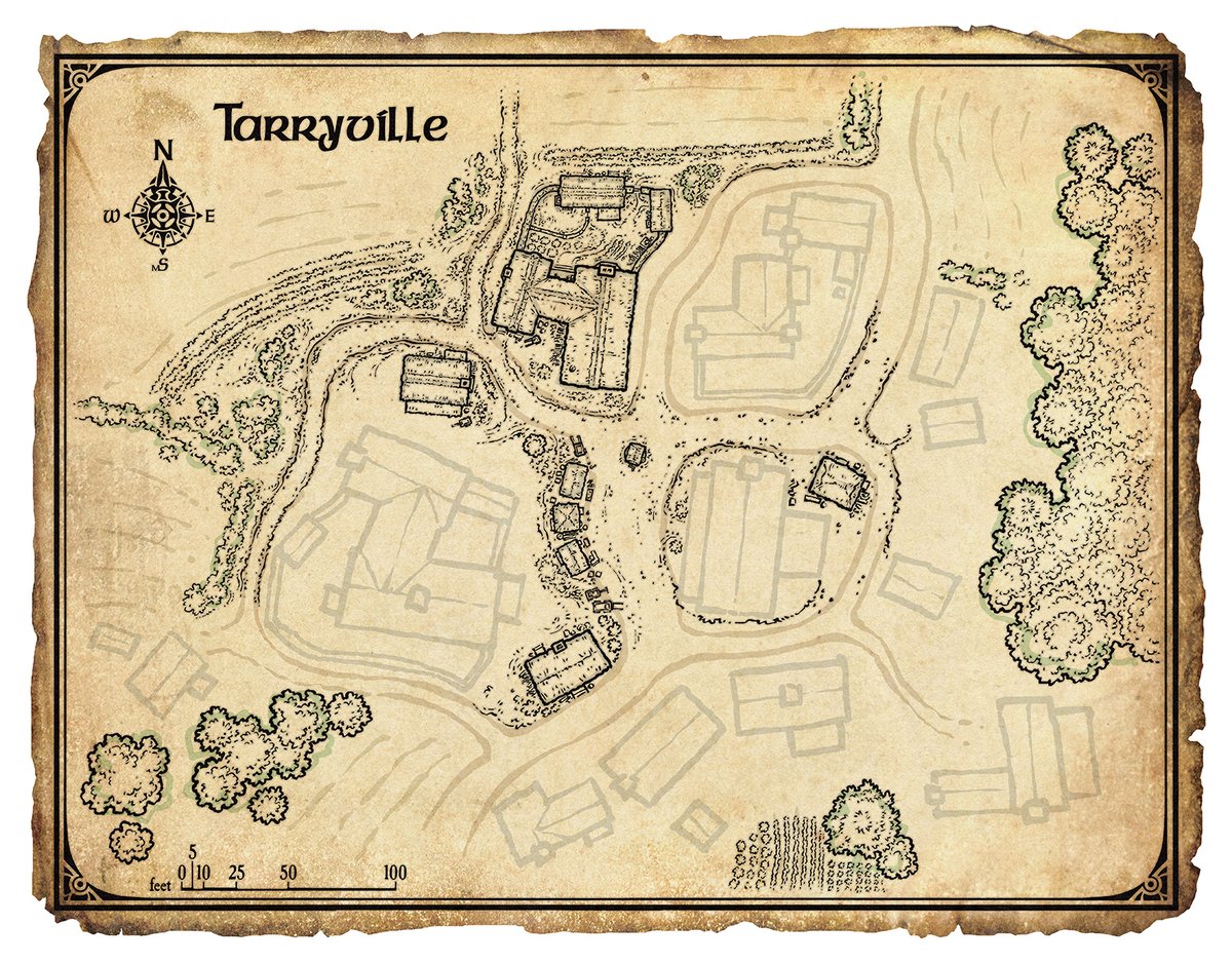 schley's tweet image. I'm locking myself in the studio today to work on #TheEpicAtlas. Here's an early peek at today's work-in-progress as I draw the inks for an #RPGmap of the  village of Tarryville. #DnD #fantasy #cartography #thejoyofdrawing