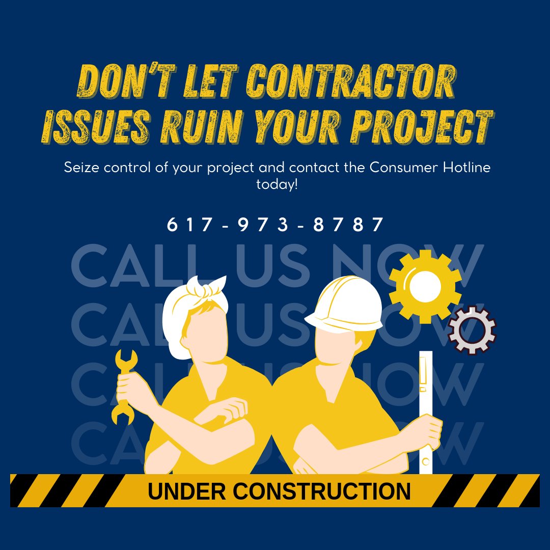 Mass_Consumer's tweet image. 🏠🛠️Experiencing issues with your contractor? You’re not alone. Our Consumer Hotline is here to help you with contractor disputes and understanding your rights. 
Call us at 617-973-8787.
#ConsumerProtection #ContractorIssues #HomeRepairs