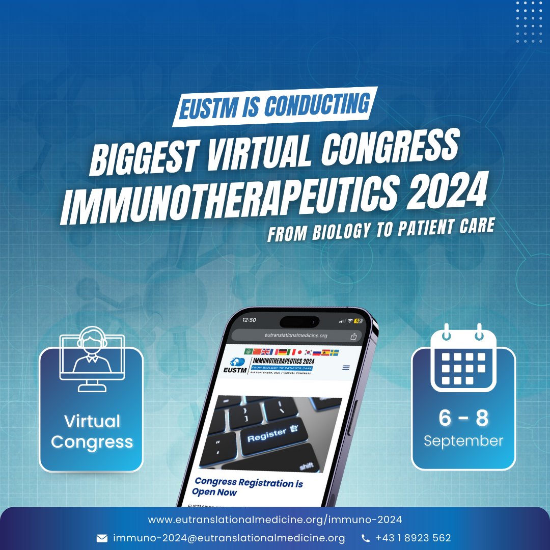 OfficialEUSTM's tweet photo. 🌟 Join us for the 11th Annual Congress of the European Society for Translational Medicine (EUSTM-2024), focused on Immunotherapeutics, from September 6-8, 2024!

🌐 Discover groundbreaking advancements in immunotherapy tackling cancer, autoimmune diseases, infectious diseases, and more. Connect with leading experts, researchers, and clinicians.

Don't miss this virtual event! 💻🧬
https://t.co/QUdOpJBA5G

#EUSTM2024 #immunotherapy #medicalresearch #virtualconference #doctorswithoutborders #medicaleducation #cancertreatment #cancer #covidnews