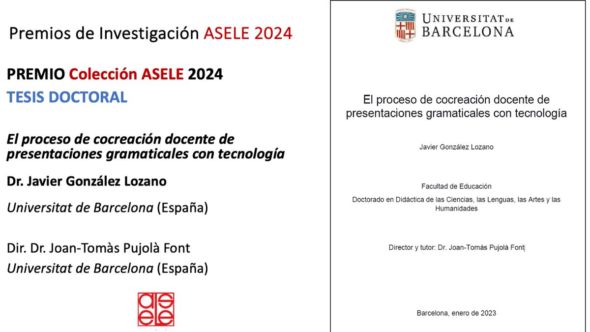 ASELE_ELE's tweet photo. El PREMIO COLECCIÓN ASELE 2024 TESIS DOCTORAL es para… 

Javier González Lozano (Universitat de Barcelona)

¡Felicidades! #ASELE2024 https://t.co/Y1t8NvzwxE