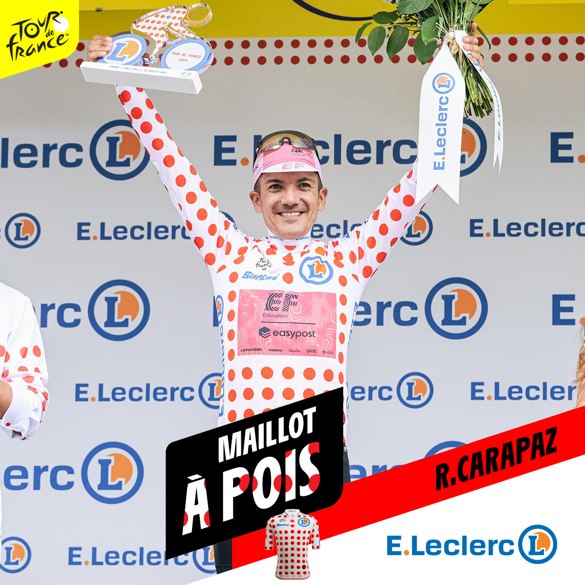 maillotapois's tweet photo. ⚪️🔴 Le maillot à pois change d’épaules ! 🇪🇨@RichardCarapazM est le nouveau leader du classement de la montagne ! 💐⛰

#TDF2024 https://t.co/WDF9Ra9u7T