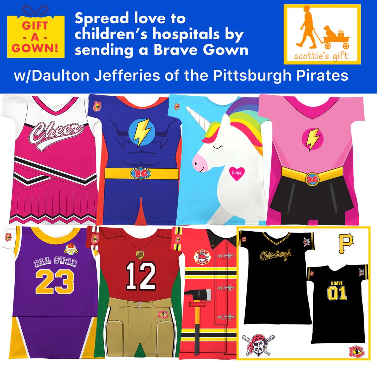 DJefferies_'s tweet photo. So excited to announce I’m collaborating with @ScottiesGift @BraveGowns and the @Pirates to raise money for new gowns for our heroes over at UPMC here in Pittsburgh!! https://t.co/j0EuegTlAc https://t.co/5q9cffnX5f