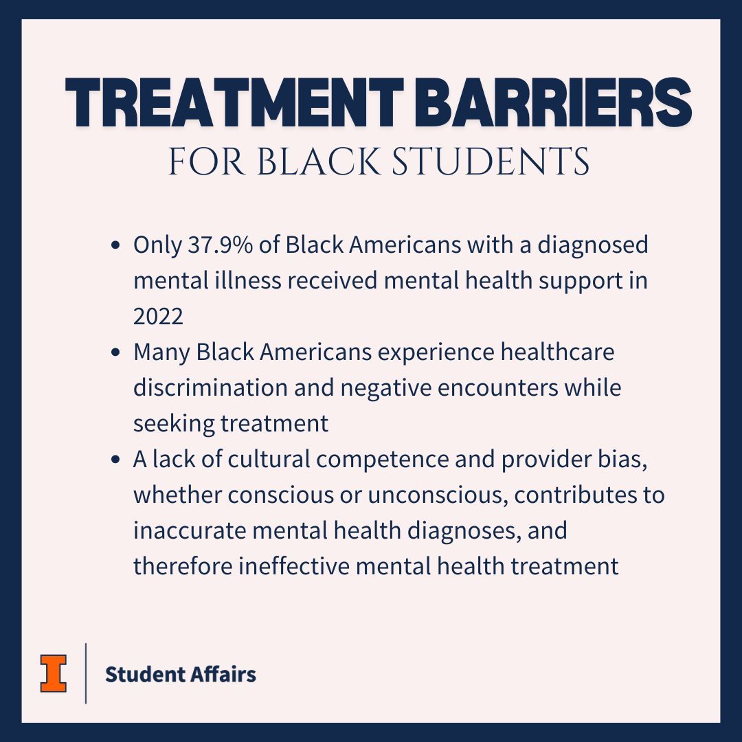 UI_Counseling's tweet photo. We're continuing our observance of Minority Mental Health Month by taking a look at mental health treatment barriers to Black students. Swipe to learn about resources that are available to you at all times on campus and beyond! https://t.co/gKJupree9O