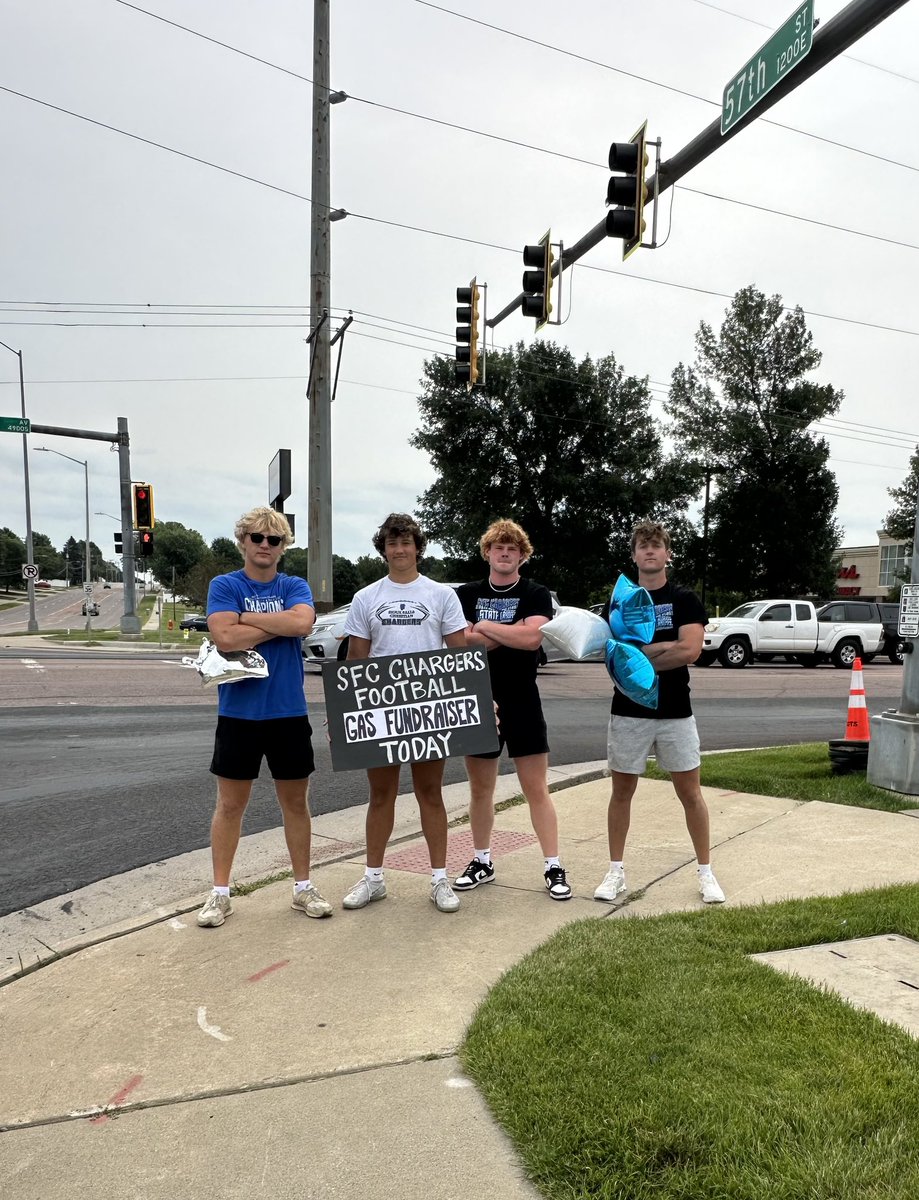 Masemchenko's tweet photo. They boys are out at Hy Vee Gas at 57th and Cliff! Stop out and support the SFC football boys!!! @FootballSFC https://t.co/yCLJq5LLk7