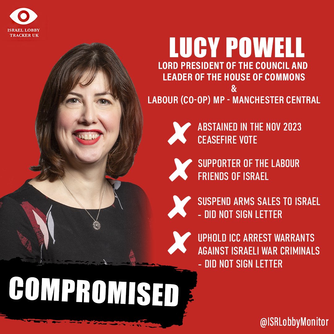 ISRLobbyMonitor's tweet photo. @LucyMPowell Lucy Powell is a Labour Friends of Israel supporter and not only abstained in the ceasefire vote, but also failed to support a suspension of Arms sales to Israel. https://t.co/ktyYQP61nR
