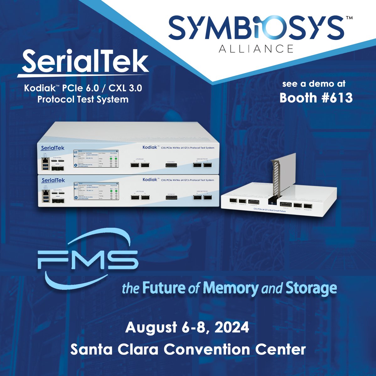 See us at FMS: the Future of Memory and Storage, in the  @Symbiosys_io booth (613):
SerialTek will demo the Kodiak #PCIe 6.0/ #CXL 3.0 Protocol Test System, along with its new PCIe/CXL AIC and OCP/EDSFF Interposers integrated with Quarch Power Analysis. #FMS2024