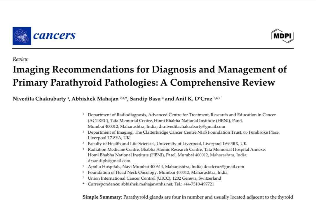 Imaging Recommendations for Diagnosis and Management of Primary Parathyroid Pathologies: A Comprehensive Review mdpi.com/2878110 #mdpicancers via <a href="/Cancers_MDPI/">Cancers MDPI</a>
Congratulations <a href="/DrNiveditaC/">Dr. Nivedita Chakrabarty</a> 
Thank you <a href="/docdcruz/">Prof. Anil D'Cruz</a> and Dr Basu.