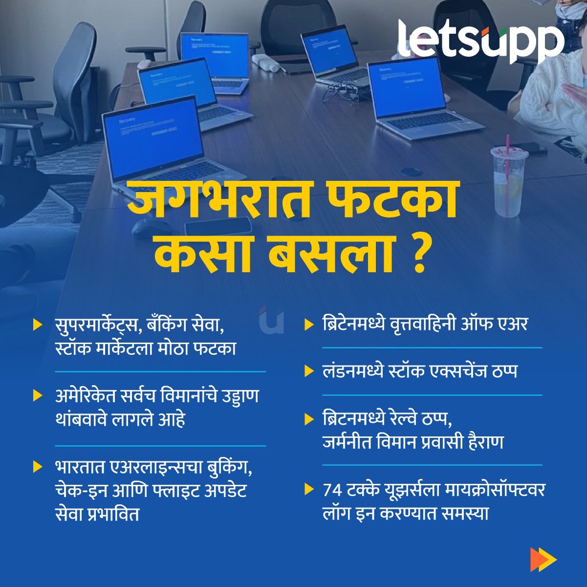LetsUppMarathi's tweet photo. मायक्रोसॉफ्ट विंडोज वापरणाऱ्या सिस्टिमवर अचानक ब्लू स्क्रीन ऑफ डेथ एरर आला. त्यामुळे जगभरातील लाखो मायक्रोसॉफ्ट विंडोज यूजर्सना फटका बसला.
-
#Microsoft #MicrosoftCrowdStrike #microsoftcrowdstrikeoutage #windows #CyberAttack #Crowdstrike #CyberSecurity #LetsUppNews #LetsUppMarathi https://t.co/KIriM3PiLd
