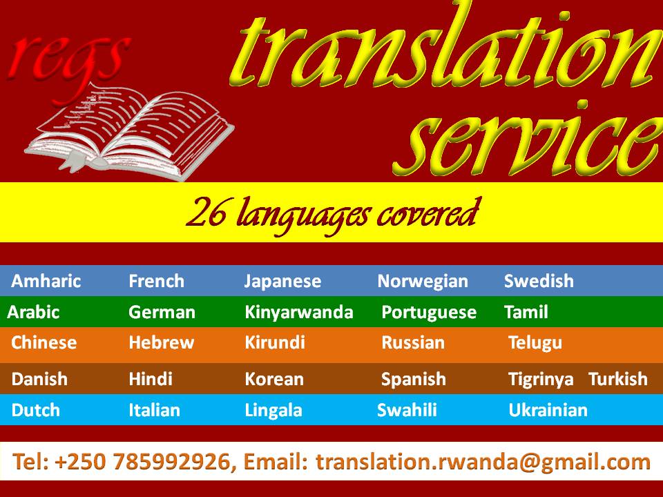 REGSLTD's tweet photo. #REGSLTD |Translation and #Editing Services in #Kigali: #Portuguese,  English, #Kinyarwanda, French, #Arabic, Chinese, #Spanish…
Email: translation.rwanda@gmail.com
#translation #service #EditingService #translator #ServiceDeTraduction #book
https://t.co/rFw42qCnkR