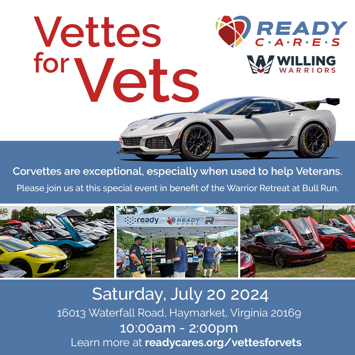 ready_cares's tweet photo. Tomorrow 📣 Join us at the Vettes for Vets car show!

Be there for cars, food, and fun, and raise funds for the Warrior Retreat at Bull Run.

📆 Sat, July 20th, at 10:00 AM

📍 The Warrior Retreat at Bull Run - 16013 Waterfall Road, Haymarket, VA 20169

https://t.co/JDeY4Ngmkq https://t.co/khbHLOujAY