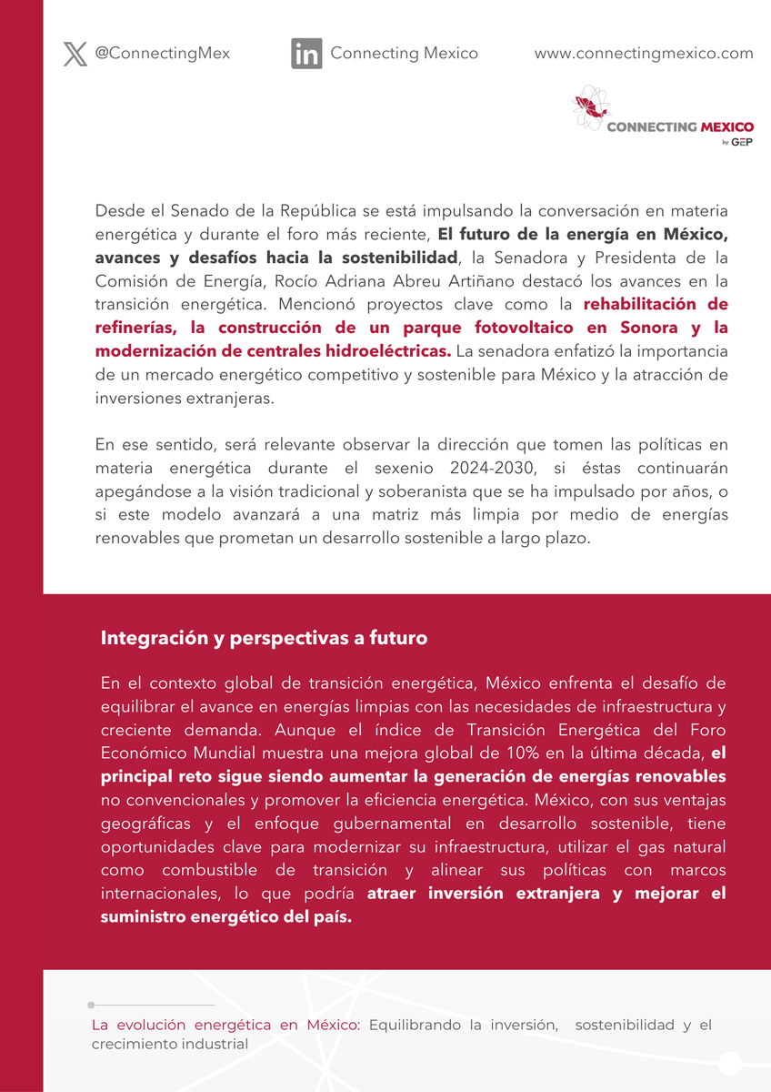 ConnectingMex's tweet photo. Del 8 al 17 de julio, el Foro Político de Alto Nivel 2024 de la ONU enfatizó la urgencia de acciones contra el cambio climático. México avanza en energía limpia, pero persisten desafíos.

Te invitamos a consultar nuestra nota sobre la situación energética en México. 👇🏻 https://t.co/P3RHflluj3