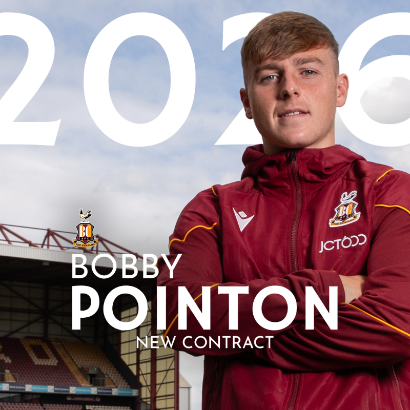officialbantams's tweet photo. 🤩 | @bobby_pointon has put pen to paper on a new, initial two-year contract, keeping him at the @UniofBradford Stadium until at least the summer of 2026, with the option of a further year!

#BCAFC | #Pointon2026